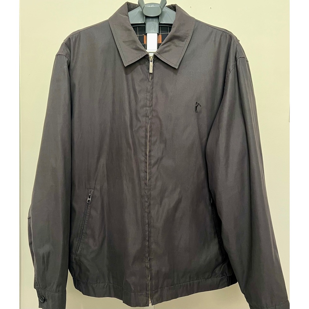 Tasso Elba Golf Mens L Harrington Jacket Gray Windbreaker Check Lining Plaid EUC